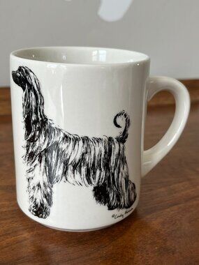 Vintage Afghan Hound Dog Mug Illustration by Cindy Farmer Beige Black Coffee Cup